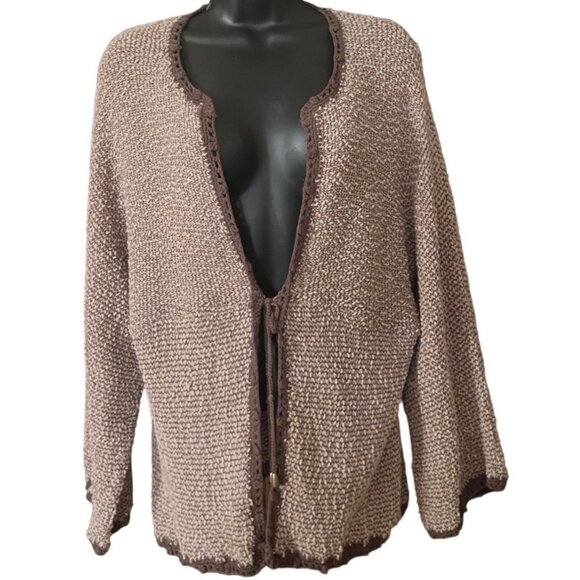 Chico's womens tan long-sleeve cardigan sz Chico's 2, M one-tie front brown trim - Picture 1 of 7